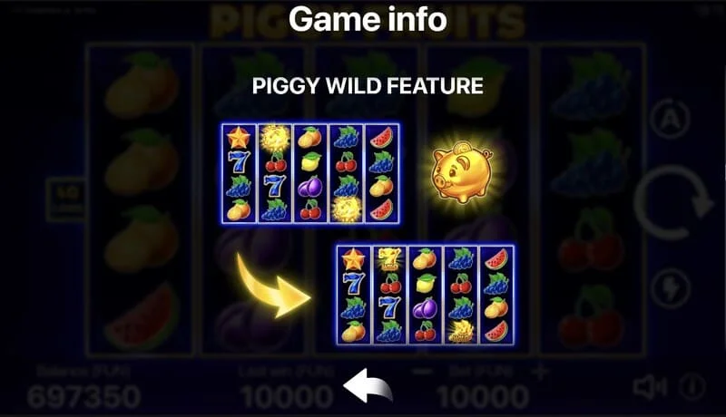 Piggy Fruits - หน้าจอเกมที่มีตาราง 5x4 และสัญลักษณ์ผลไม้